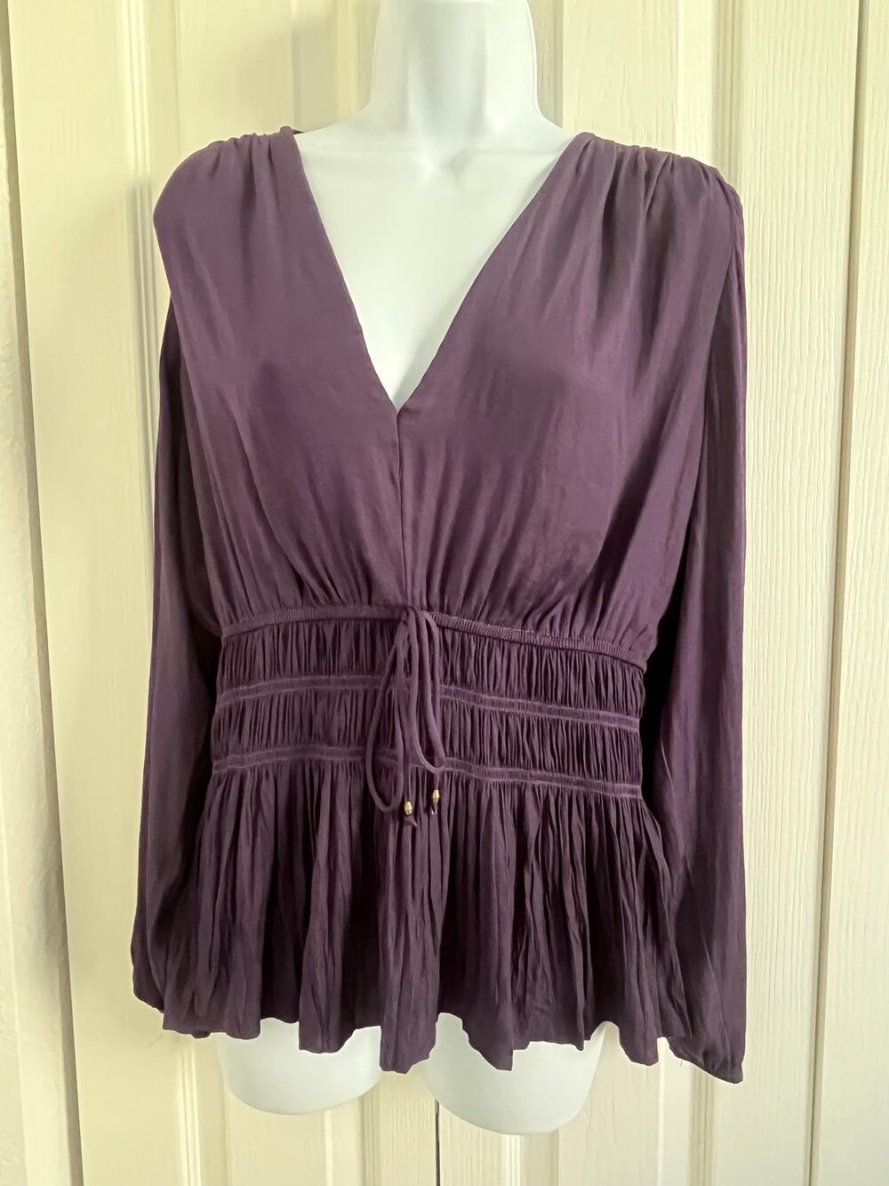 White House Black Market WHBM Women's Medium Purple Smocked Waist V-Neck Blouse